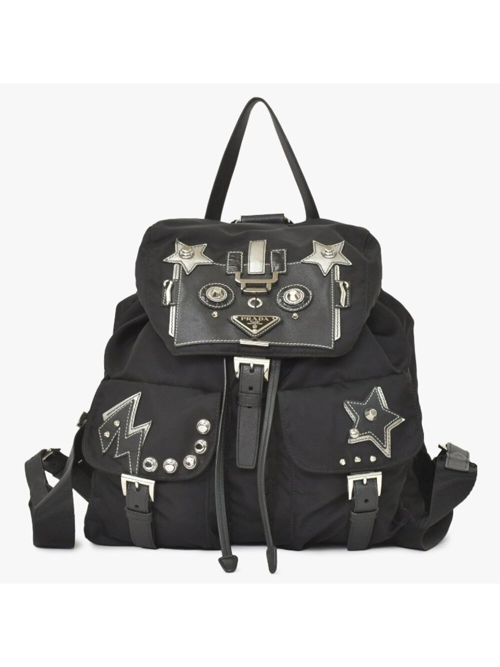 Prada Tessuto Nylon Robot Backpack Saffiano Leather Studs Metal Black